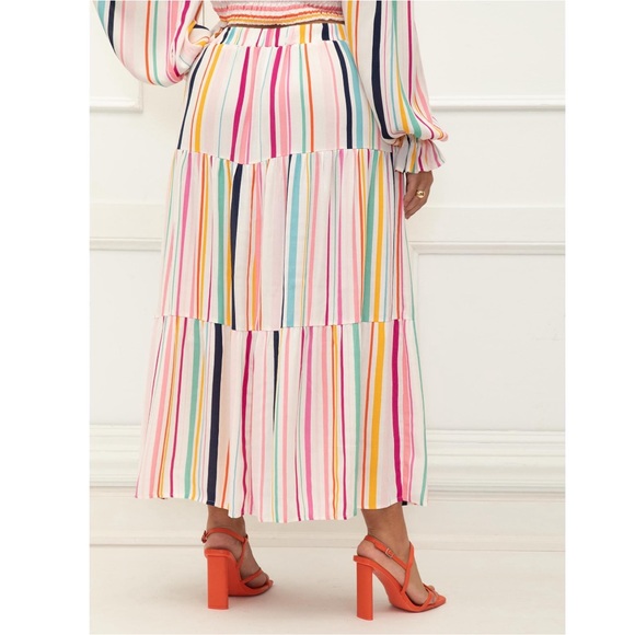 ELOQUII Rainbow Tiered Maxi Skirt With Slit Pull On Elastic Waist Colorful - Picture 2 of 9